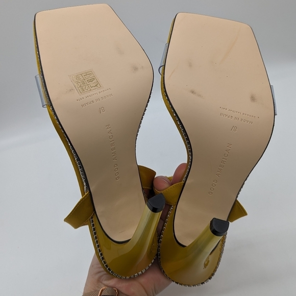 New! GOOD AMERICAN Crystal Crush Lucite Sandal Heels Gold Clear size 8.5 - Picture 7 of 10